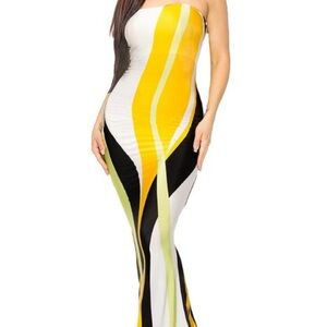 Yellow and Black Strapless Maxi Dress